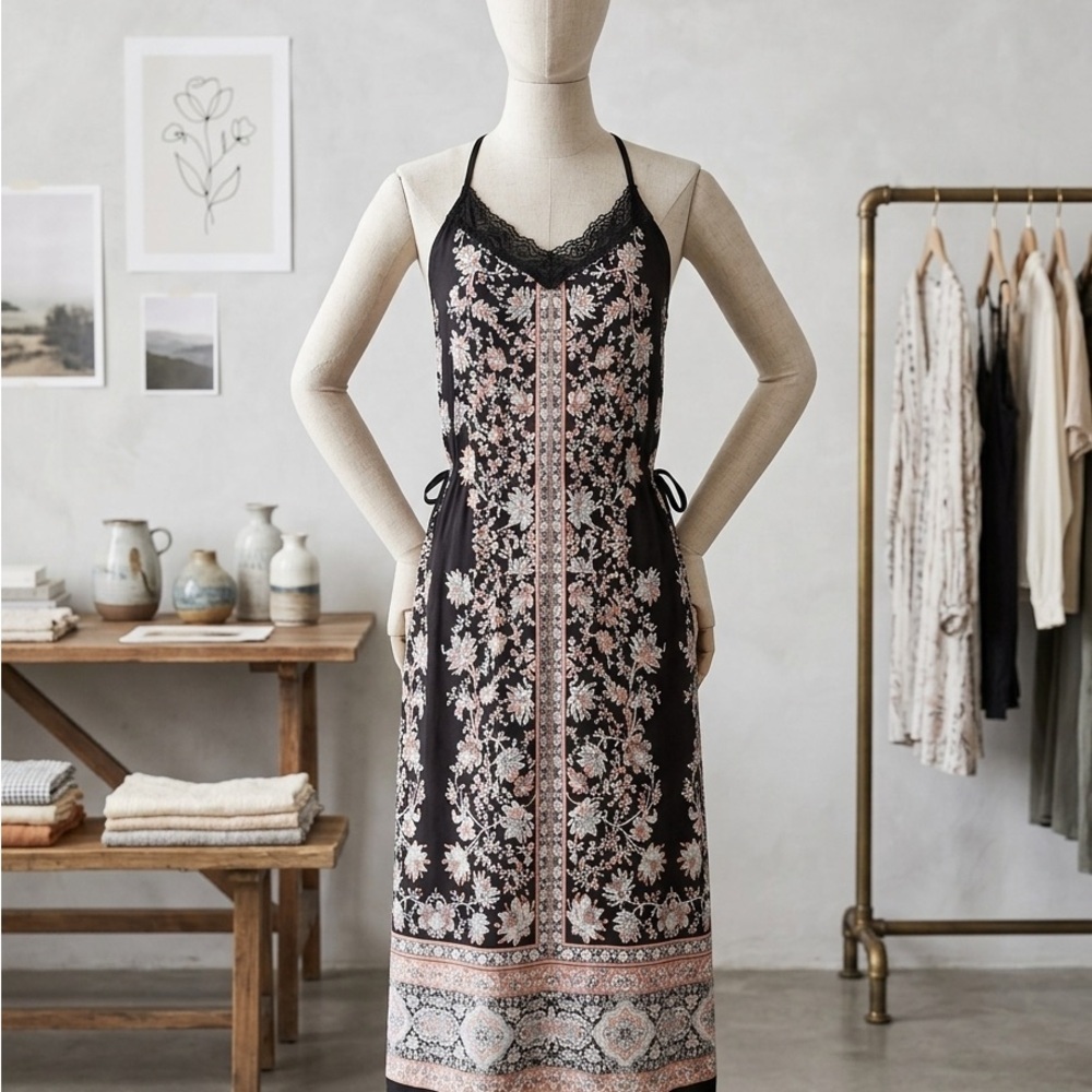 Forever 21 Black Mini  Slip Dress with Pink Floral Embroidery Paneling